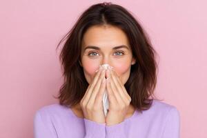 portrait of a woman holding a tissue to her nose against a pink background. The image evokes feelings of illness, allergies, or a photo