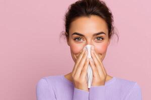 portrait of a happy young woman holding a tissue to her face against a soft pink background. The image conveys a sense of well bei photo