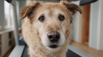 Heartfelt Portrait of a Golden Senior Dog on a Treadmill A Symbol of Health, Happiness, and Companionship in Later Years photo