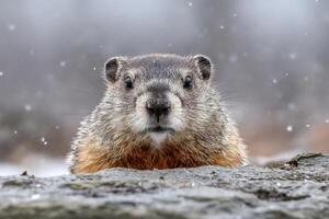 Groundhog in Winter Wonderland A Portrait of a Woodchuck in the Snow. This captivating image showcases the animal's unique featur photo
