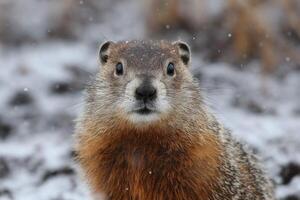 Portrait of a Woodchuck in Winter Wonderland A Captivating Look at this Adorable Rodent in its Natural Habitat, Covered in Soft Sn photo