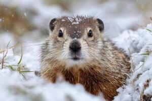 Adorable Woodchuck in Snowy Landscape A Portrait of a Groundhog in Winter Wonderland. This captivating wildlife image showcases t photo