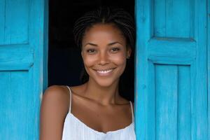 A Captivating Portrait of a Smiling Woman, Radiating Happiness and Positivity. Her radiant smile and cheerful expression add a tou photo