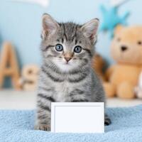Adorable Gray Kitten with Blue Eyes Sitting on a Blue Blanket Holding a Blank Sign photo