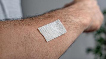 view of a man's arm with a small bandage on his skin. The image focuses on the detail of the bandage and the texture of the skin, photo
