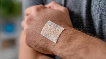 view of a beige bandage on a man's wrist, suggesting a minor injury or wound. The image focuses on the texture of the bandage and photo