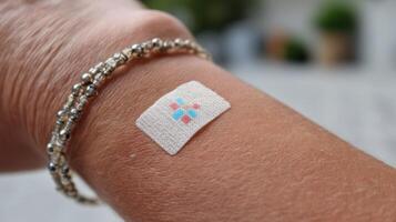 view of a woman's wrist adorned with a silver beaded bracelet and a small, colorful medical patch. The image showcases the intrica photo