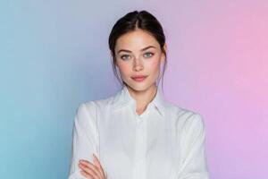 Stunning Portrait of a Woman in a White Shirt. This captivating image showcases beauty, elegance, and style. Perfect for fashion, photo
