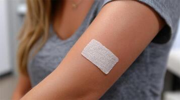 view of a bandage on a woman's arm, suggesting a medical procedure or vaccination. The image focuses on the texture and detail of photo