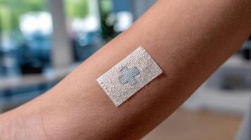 view of a medical bandage on a person's arm. The bandage has a cross symbol, suggesting healthcare or medical treatment. The imag photo