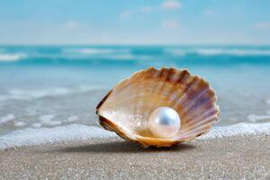 Luminous Pearl in Seashell on Sandy Beach A Coastal Treasure. The perfect image for travel, summer, and nature lovers. Discover photo