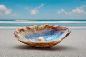 A glistening pearl nestled in a seashell on a pristine beach, the tranquil ocean waves gently lapping the shore under a vibrant bl photo
