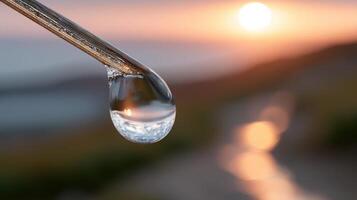 Sunset Reflection in a Waterdrop A Stunning Macro Photograph of Nature's Beauty. The vibrant colors of the sunset are mirrored in photo