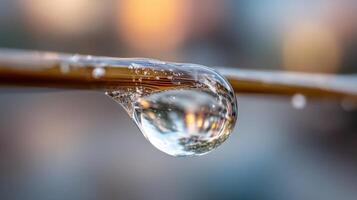 A captivating macro photograph of a glistening waterdrop clinging to a plant's branch, reflecting a blurred sunset landscape. The photo