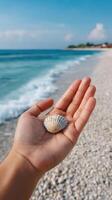 Seashell in Hand on a Sunny Beach A Perfect Summer Vacation Moment. The ocean waves gently caress the shore, creating a serene and photo