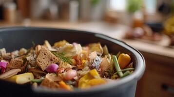 of a Compost Bin Filled with Organic Food Waste Vegetables, Fruits, and Bread Scraps. Sustainable Kitchen Practices for Recycling photo