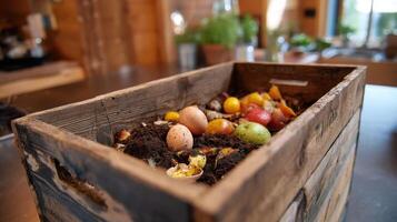 Home Composting A Sustainable Approach to Waste Reduction. Eggshells, fruit scraps, and vegetable waste transform into nutrient r photo
