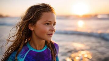 A young girl smiles at the sunset on the beach, enjoying the ocean breeze and the summer vibes. Her wet hair and radiant face capt photo