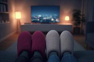 Cozy Couple Enjoying a Relaxing Movie Night at Home. Picture of feet in warm slippers on a comfy sofa, watching TV in a dimly lit photo