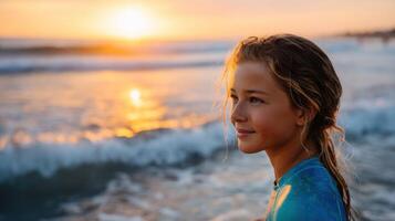 A young girl smiles serenely at sunset on a beautiful beach, waves gently lapping at the shore. The golden light of the setting su photo