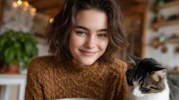A heartwarming portrait of a young woman and her cat, enjoying a cozy moment at home. The image captures a sense of peace, comfort photo