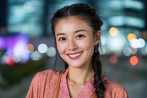 Smiling Asian Woman in City at Night, Portrait Photography, Beautiful and Happy Expression, Elegant Style, Fashion Model photo
