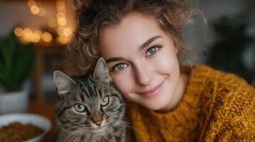 portrait of a smiling young woman and her adorable cat. A heartwarming image of friendship between human and pet, conveying a sens photo