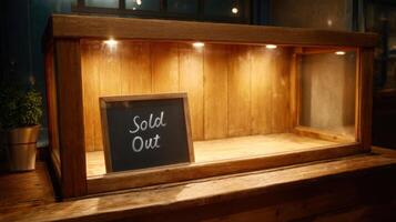 Sold Out Wooden Display Showcase Cabinet Empty Retail Shop Counter with Warm Lighting. Vintage, Rustic Interior Design, Perfect fo photo