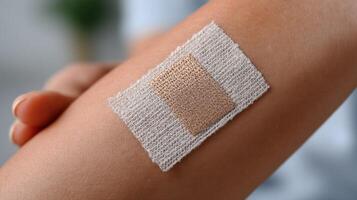 view of a beige bandage on a person's arm, providing a sense of medical care and healing. The image conveys a feeling of recovery photo