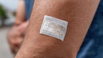 of a medical sensor patch on human skin. This image depicts a small, square, wearable technology device used for health monitorin photo