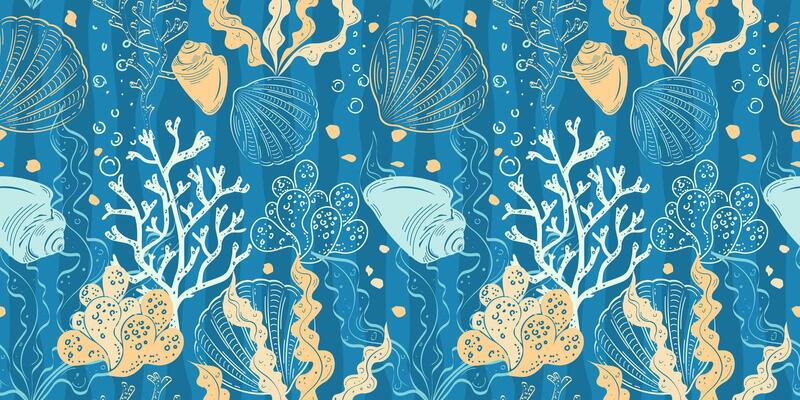 Seamless pattern of the marine underwater world. Shells, algae, vertical waves, dark background. Suitable for covers, backgrounds, packaging, textiles.