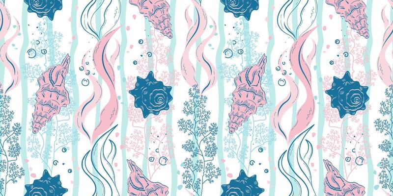 Seamless marine pattern. Shells, algae, bubbles, pastel, delicate shades, vertical waves. Suitable for covers, backgrounds, packaging, textiles.