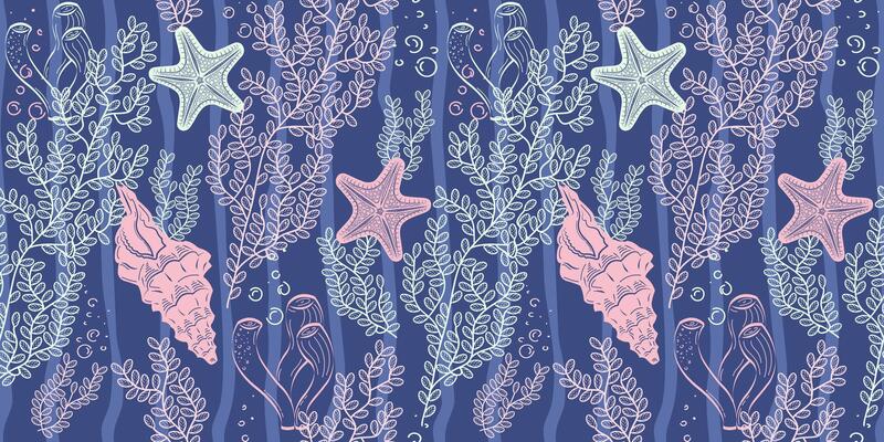 Seamless marine pattern. Shells, algae, starfish, vertical waves, dark background. Suitable for covers, backgrounds, packaging, textiles.
