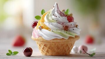 Creamy dessert layers with toppings in photo style photography