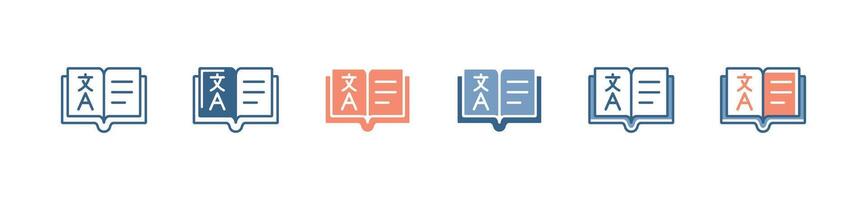 global language translate open book dictionary icon set international communication translation book service signs illustration for web and app vector