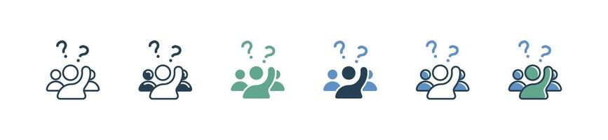 people raise hand asking question icon student in classroom raising hand ask with question mark symbol set education wonder learning support illustration design vector