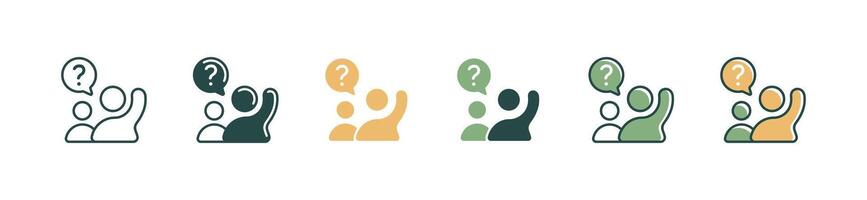 people raising hand ask question icon student asking in classroom with question mark set education learning support wonder sign illustration vector