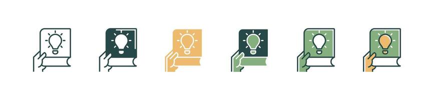 hand holding book with lightbulb icon set study creative innovation business bright light idea illustration for web and app vector