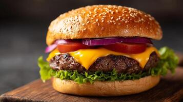 Photorealistic image of cheeseburger with sharp-focus and fresh vegetables photo