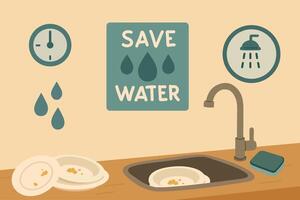Illustration of water-saving tips in kitchen vector