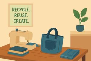 Sewing machine and eco-friendly tote bag vector