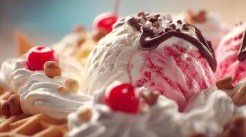 Smooth frozen scoops with topping detail in photography photo