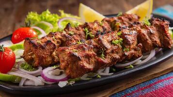 Close up of delicious grilled kabab with bright garnish photo