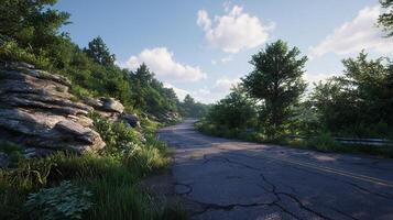 Paved scenic path photo through realistic green surroundings