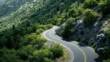 Road winding gently photo across realistic terrain and trees