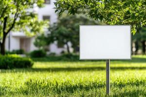 Blank sign on green lawn in sunny park with building in the background for ads photo