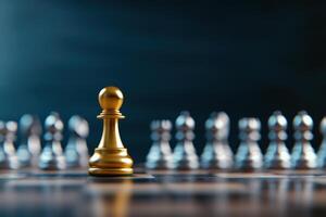 Golden pawn leads silver chess pieces on a board for strategy and ambition photo