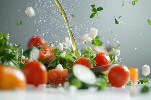 Pouring oil over fresh salad with tomato, cucumber, feta, herbs. Food concept photo
