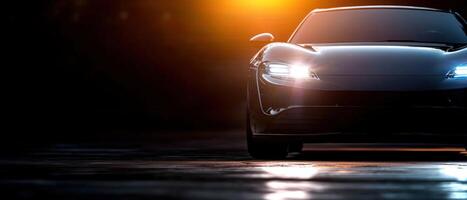 Sleek, modern car headlights illuminate the street at dusk, casting a warm glow photo