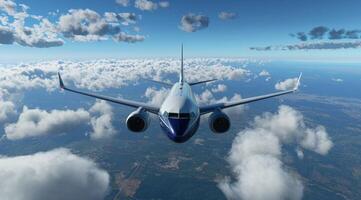 Plane flies high above cloudy terrain. Transportation visual for travel concepts photo